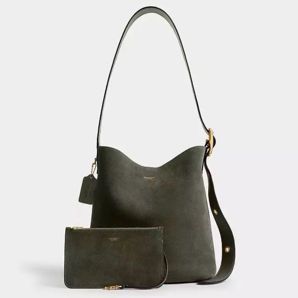 Coach Bleecker Bucket Bag with Detachable Pouch in Brass/Olive Green Suede NWT